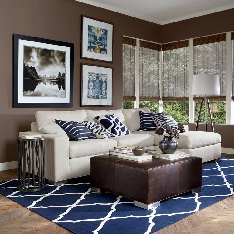 farbkombination braun blau creme wohnzimmer teppich