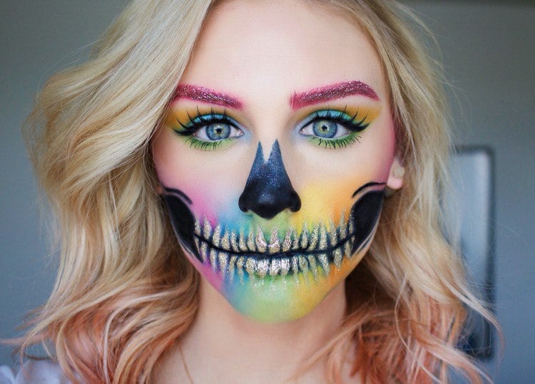 fasching halloween kostüm schminke regenbogen sugar skull