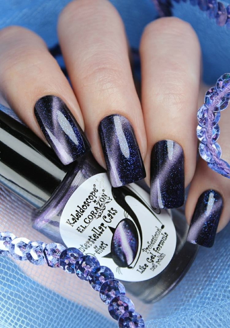 lila schwarz glitzer cat eye gel nägel
