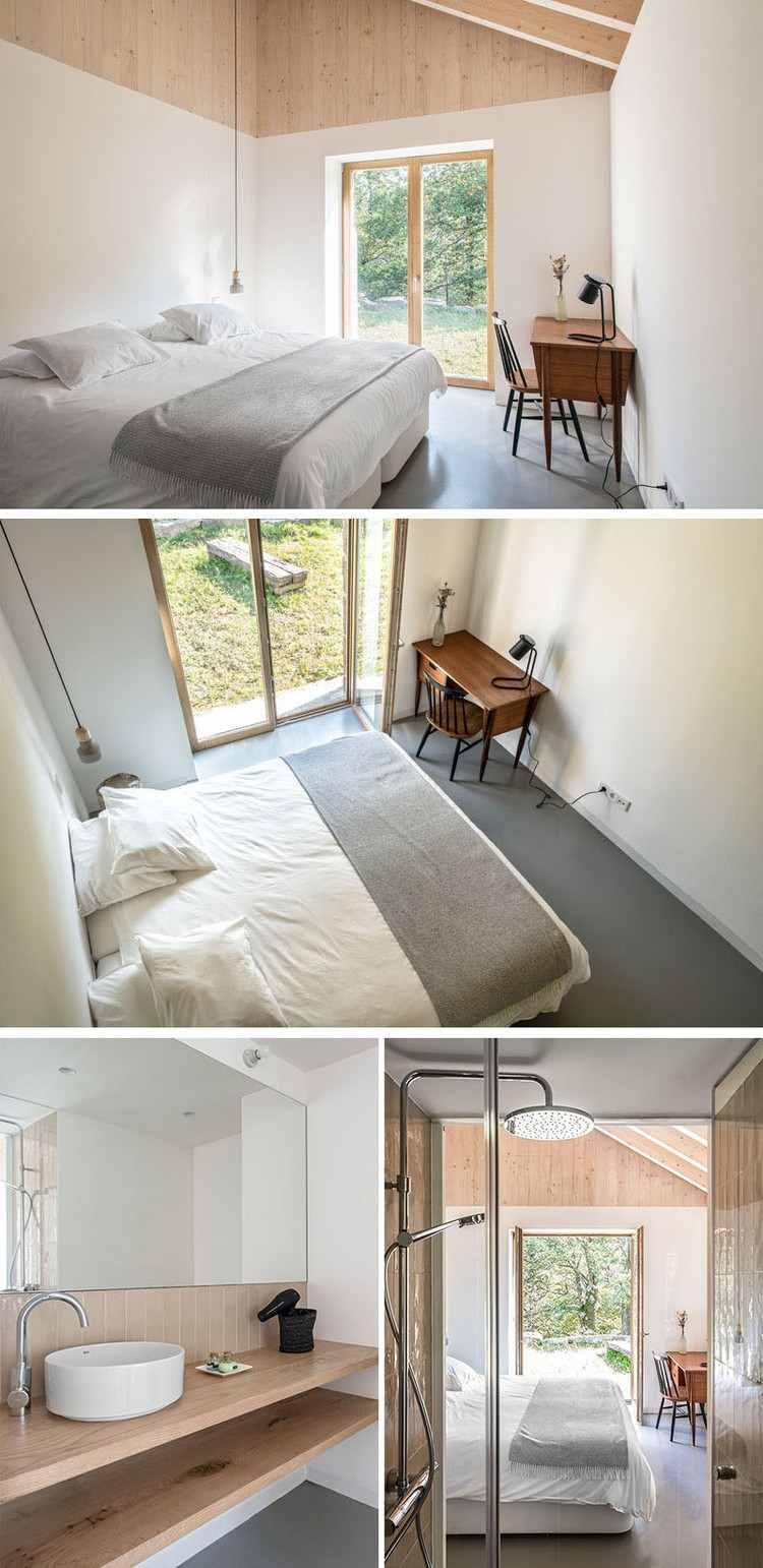 minimalistisches schlafzimmer design holzdecke bad en suite