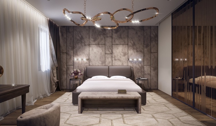 modernes Schlafzimmer Brauntöne Lederbett Bettbank Wandverkleidung