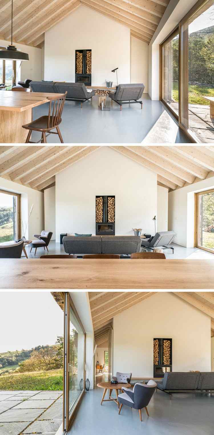 modernes wohnzimmer eingebauter kamin brennholz lagerung wandnische