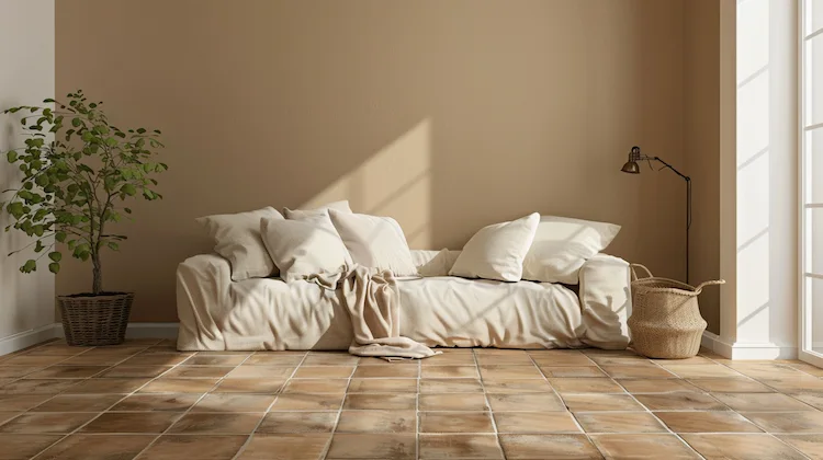 Modernes Wohnzimmer in Sandbeige mit Terracotta Fliesen am Boden