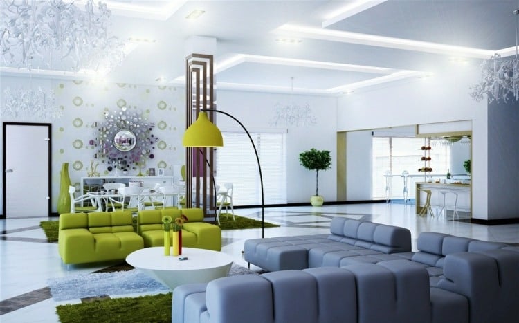 welche farbe passt zu grün modernes wohnzimmer grau neongrün couch