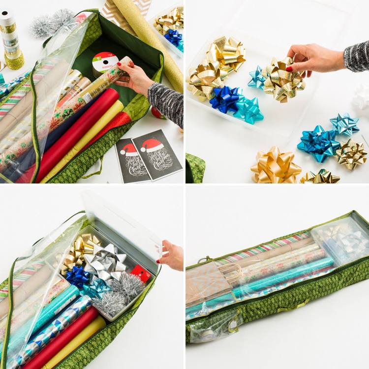 praktische aufbewahrungsideen weihnachtsdeko geschenkpapier dekoband verstauen