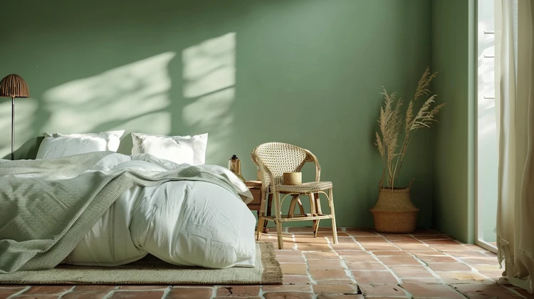 Salbeigrünes Wohnzimmer mit Terrakotta Bodenfliesen