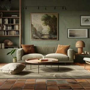 Salbeigrüner Wohnbereich mit Bildern an den Wänden und Terrakotta Fliesen