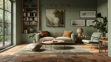 Salbeigrüner Wohnbereich mit Bildern an den Wänden und Terrakotta Fliesen