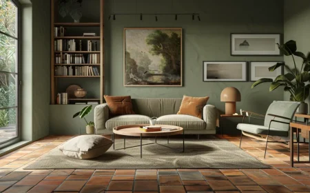 Salbeigrüner Wohnbereich mit Bildern an den Wänden und Terrakotta Fliesen