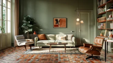 Salbeigrünes Wohnzimmer mit Terrakotta Bodenfliesen