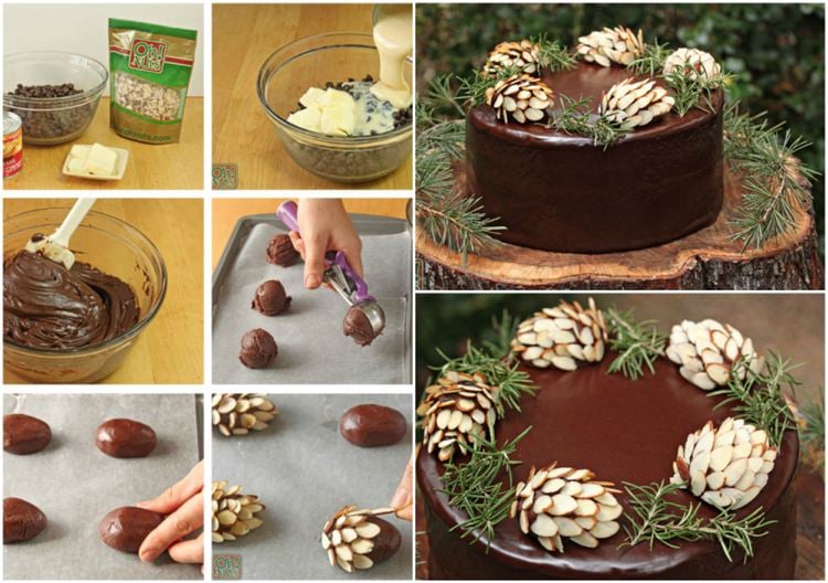 schokoladen deko für kuchen Winter Zapfen Mandeln