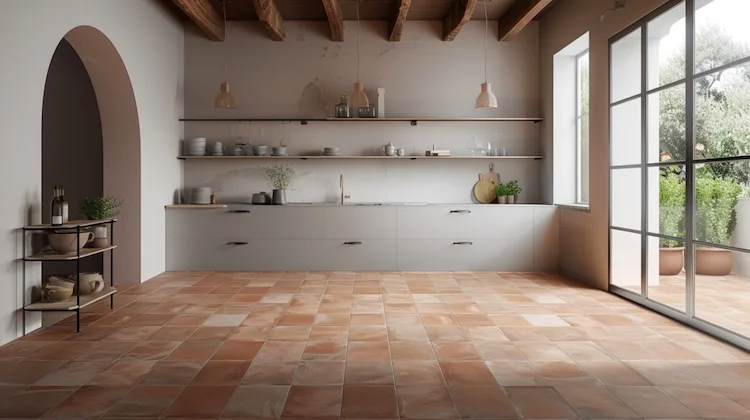 Modernes Wohnzimmer in Sandbeige mit Terracotta Fliesen am Boden