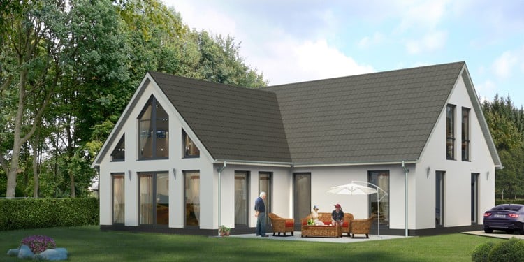 Einfamilienhaus mit Satteldach und Terrasse graue Dachschindeln