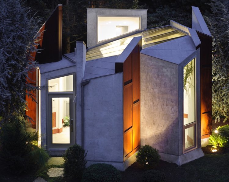 Glasdach Gartenstudio modern Holz Beton Nachtebelchtung