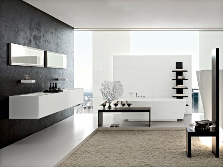 badezimmer in schwarz beige weiß minimalistish schwarzer regal
