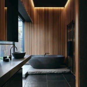 badezimmer in schwarz braun holz decke fußboden schwarz