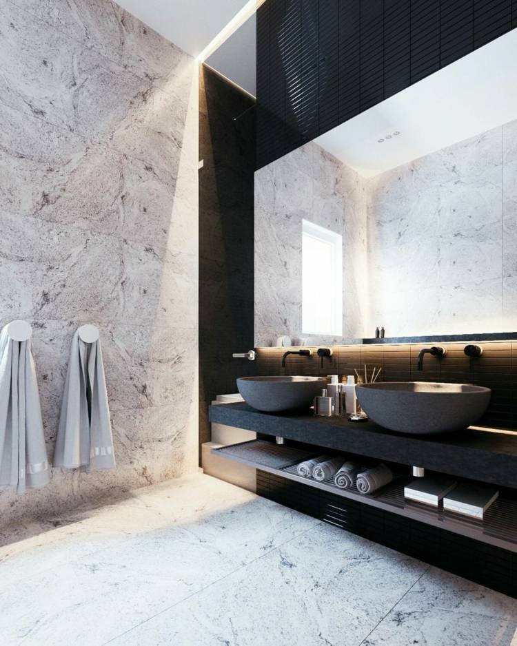 badezimmer schwarz weiß grau armaturen waschbecken betonschalen