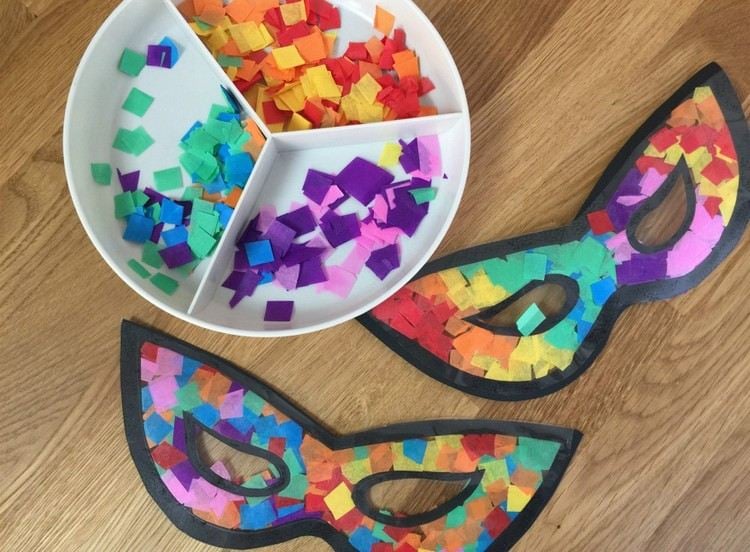 einfache karnevalsmasken basteln kindergarten papierschnipsel