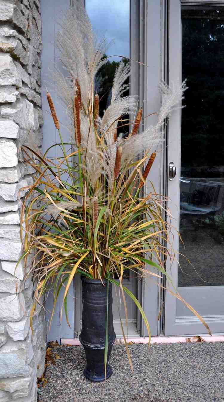 eingang haustür vase schilf pampasgras deko outdoor