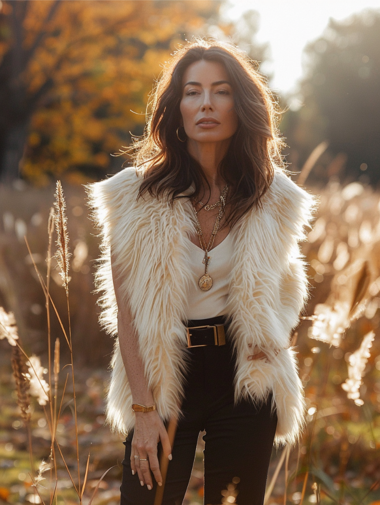 frau in trendigem outfit mit luxuriöser fellweste