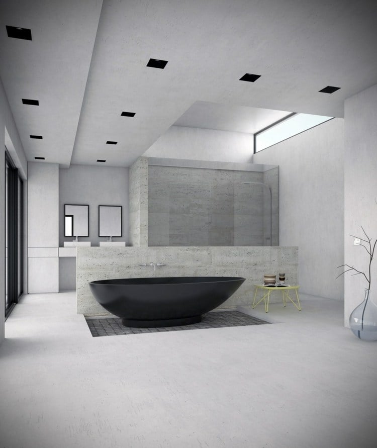 minimalistisch eingerichtetes badezimmer grau schwarz badewanne neongelb