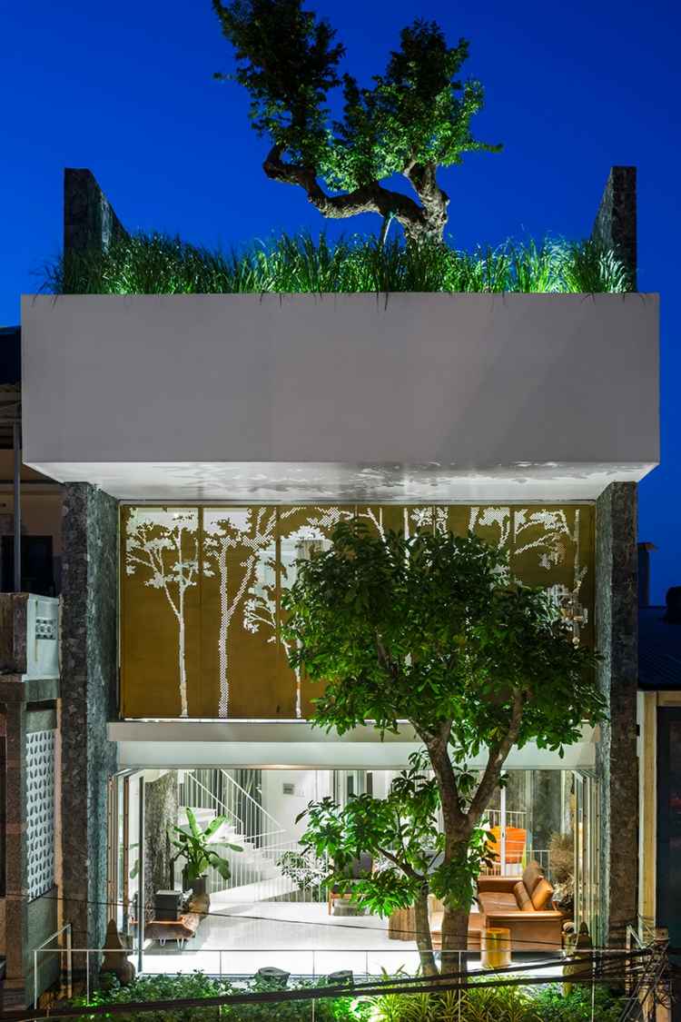 modernes haus mit dachgarten hell bäume im innenbereich