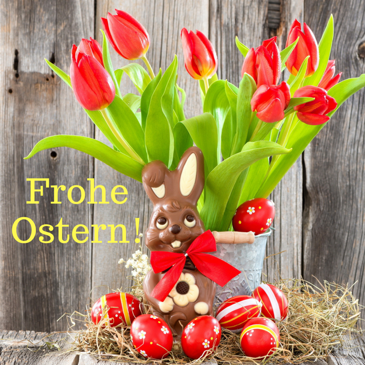 Frohe Ostern Bilder Schokohase Eier rote Tulpen