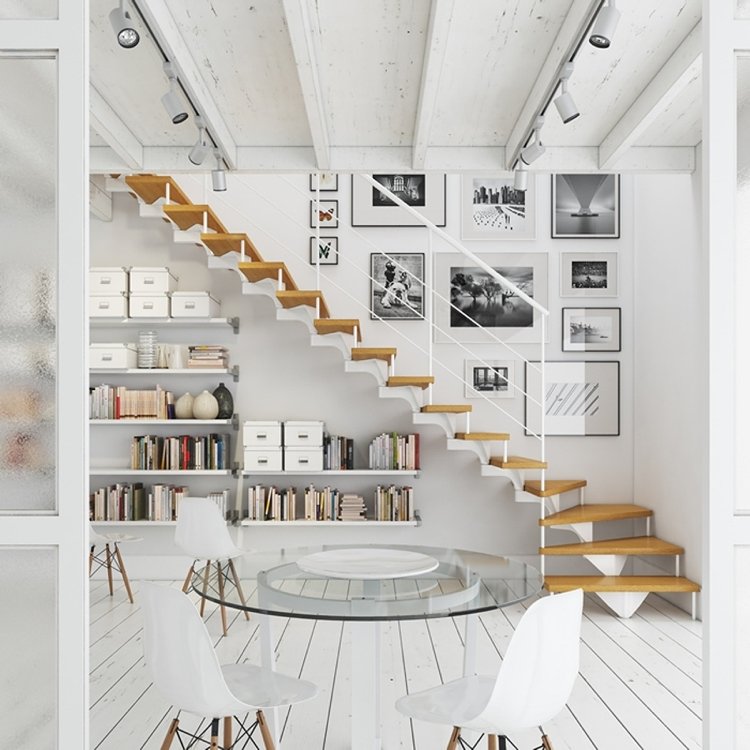 Treppendesign skandinavisch Weiß Holz viertelgewendelte treppe