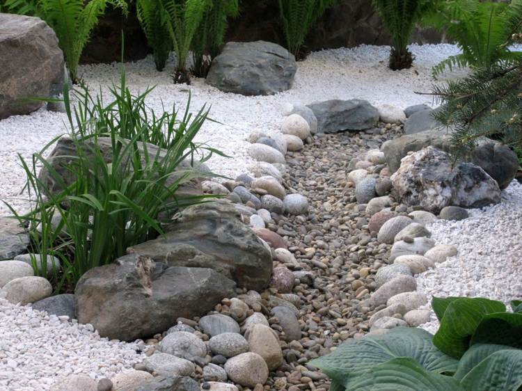 Trockenbach japanische Gartengestaltung verschiedene Steinarten Pflanzen
