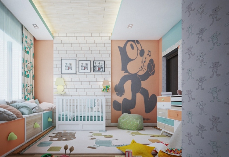 design babyzimmer farbenfroh teppich figuren pastellfarben wanddeko sitzbank