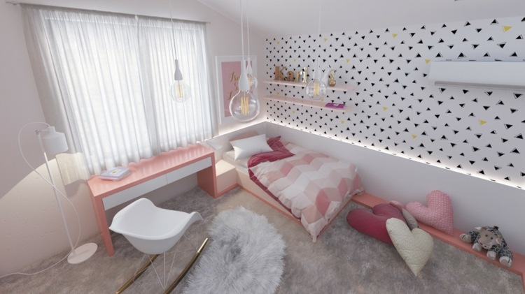 modernes kinderzimmer design für mädchen herzförmige kissen rosa tapete