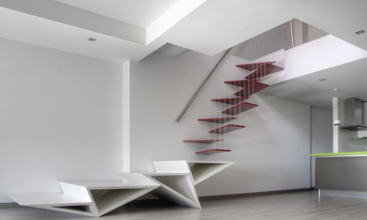 rote Treppenstufen schwebend modern geometrisches Design