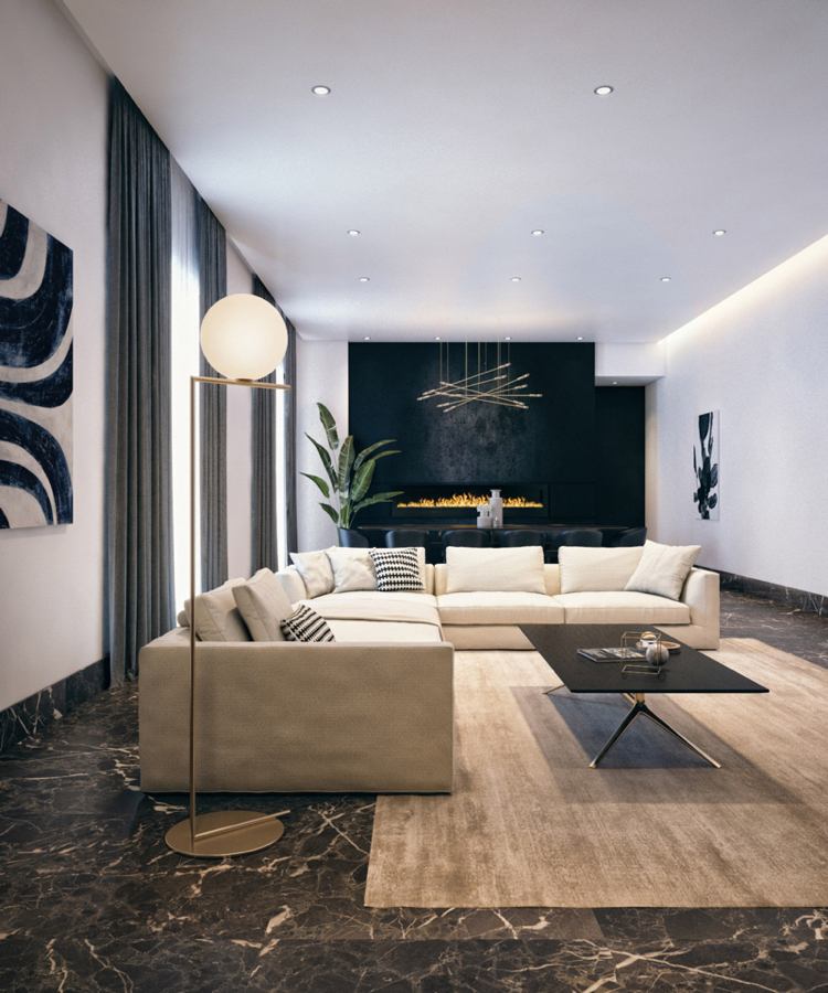 schwarzer marmor boden wohnzimmer beige polstermöbel elegant