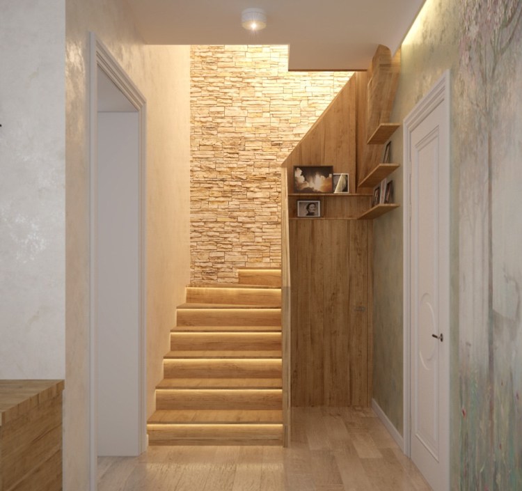 viertelgewendelte Treppe Holz Setzstufen Led Leisten Verblendsteine Wandverkleidung