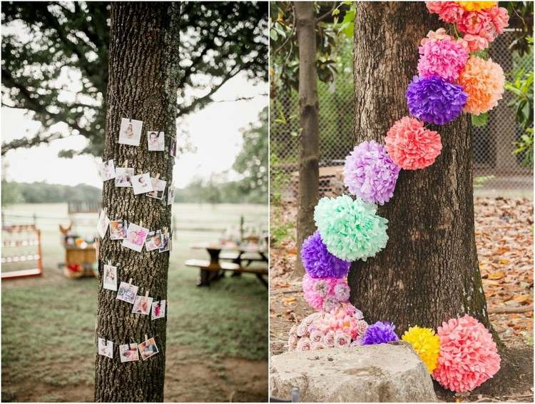 Deko Kindergeburtstag im Garten Baum mit Pompons oder Fotos dekorieren