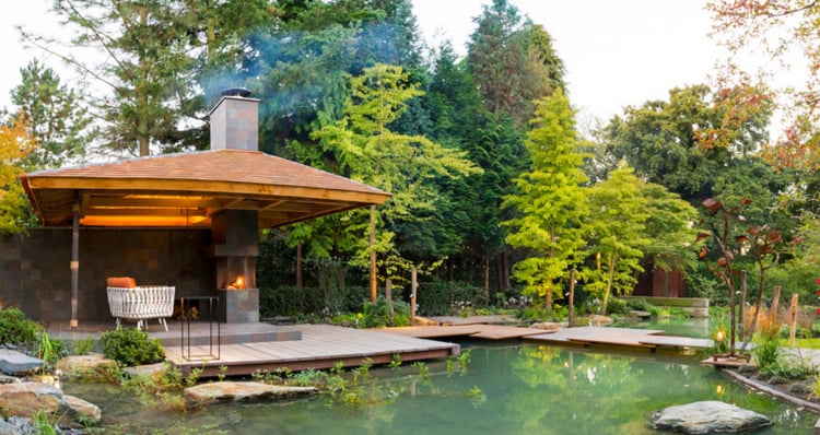Japangarten Design Teich Cortenstahl-Platten Brücke zum Sitzbereich