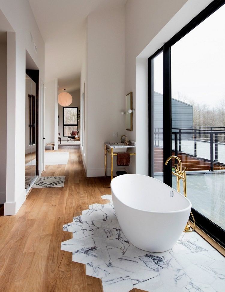 Marmor Hexagon Fliesen im Bad mit Holz kombinieren moderne Gestaltung