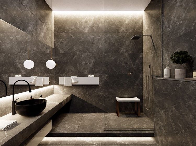 Marmor badezimmer modernes Design schwarz indirekte Beleuchtung