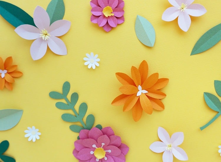 Papierblumen basteln unterschiedliche Blumenarten frische Farben Frühling Sommer