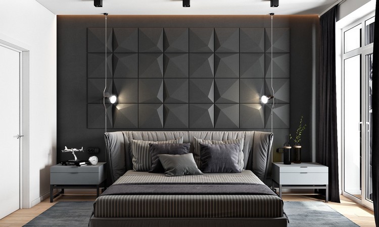 Schlafzimmer Design Wand als Akzent schwarz 3d Muster