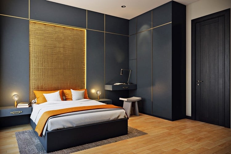 Schlafzimmer Design Wand goldene Akzente