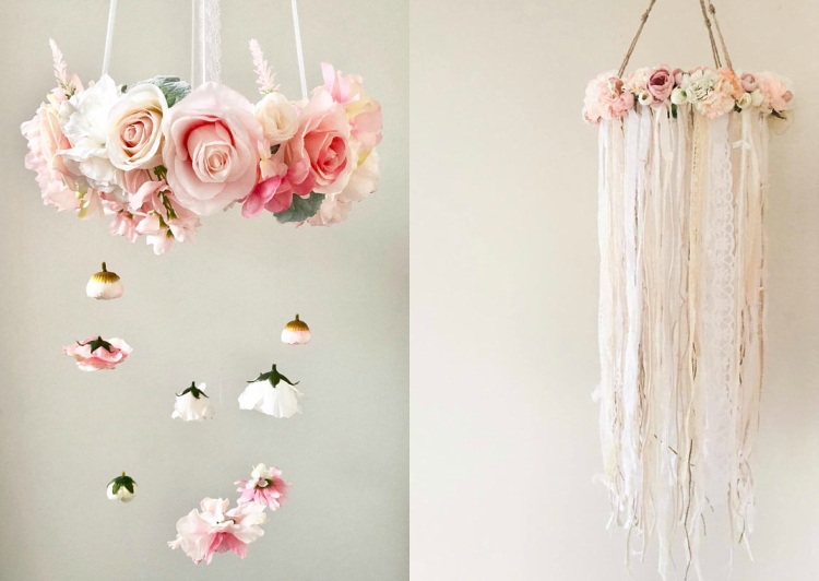 baby shower party boho stil dekoration idee mobile kunstblumen rosen