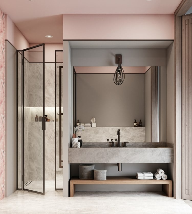 badezimmer einrichtung modern beton schwarze akzente badezimmer armaturen rosa altrosa wandfarbe