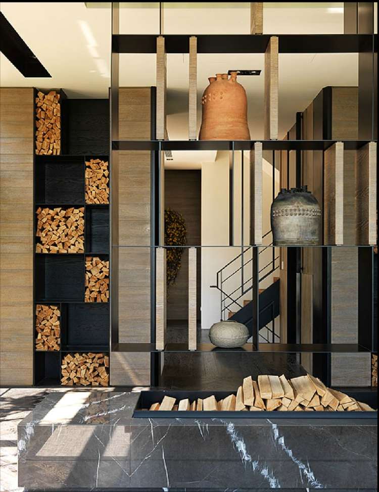 brennholz marmor stahl raumteiler design regal aufbewahrung