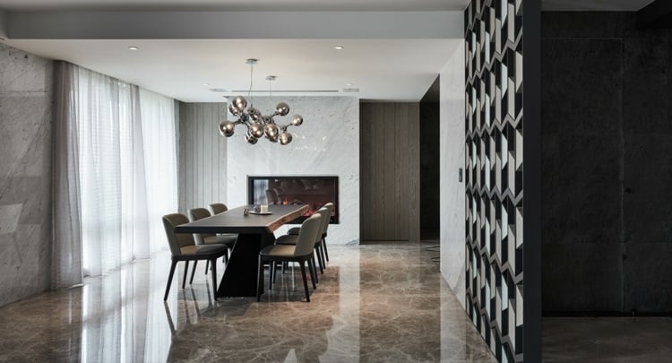 designer raumteiler massivholz marmor boden wohnzimmer kamin minimalistische einrichtung