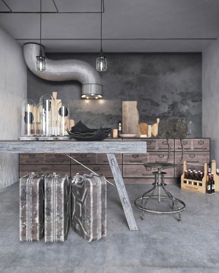 einrichtung rustikal pendelleuchten küche betonboden und -wände