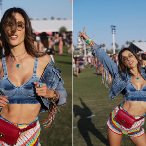 festival look outfit alessandra ambrosio coachella 2018 denim bauchtasche regenbogenfarben