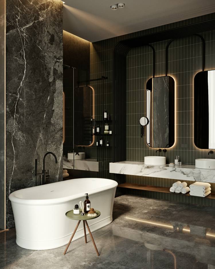 freistehende badewanne marmor weiß schwarze badezimmer armaturen spiegel
