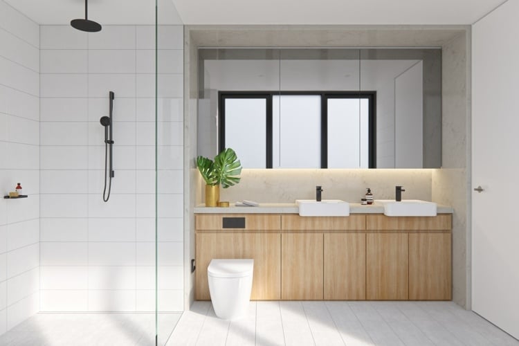 minimalistisches badezimmer armaturen in schwarz helles holz weiße fliesen