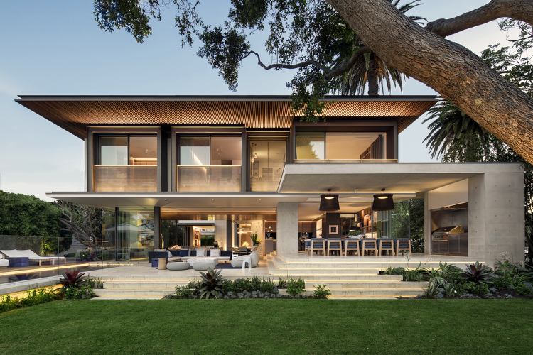 moderne Villa überdachte Terrassen Led Leisten Beleuchtung